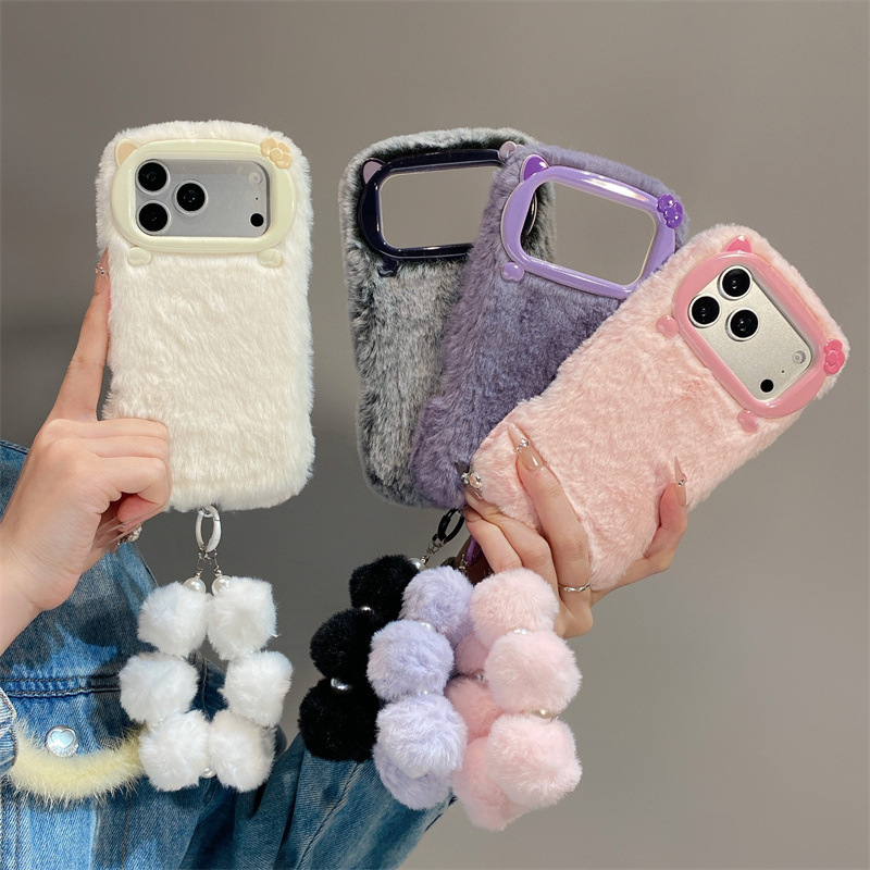 Phone Cases Iphone 14 - Casing Ponsel Mewah Warna Solid Berbulu